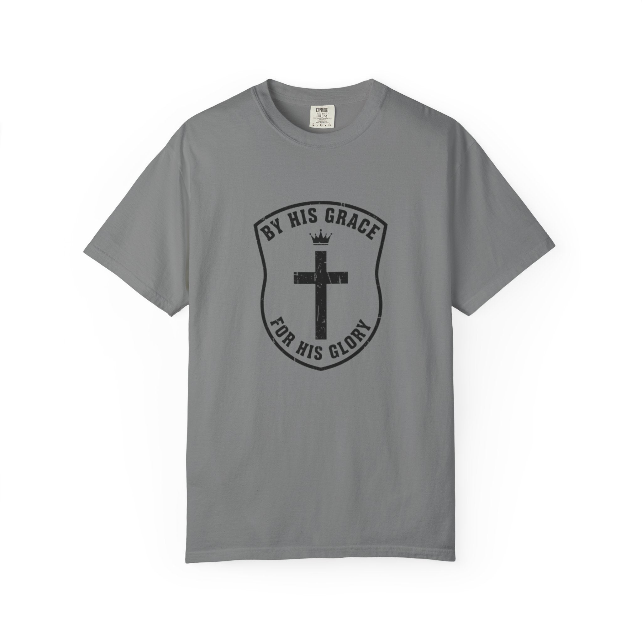 Gray t-shirt with black cross and text design on a white background
