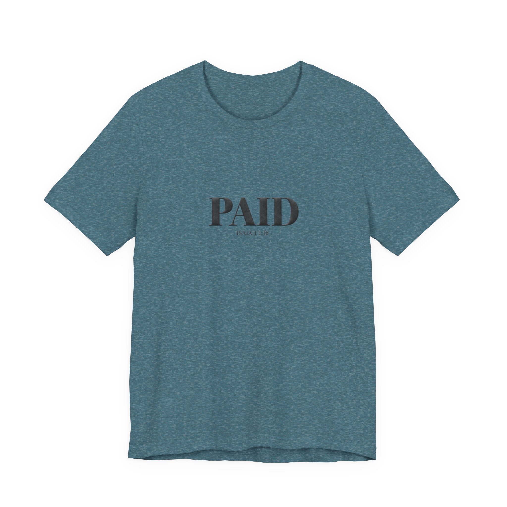 Blue t-shirt with 'PAID' text on a white background