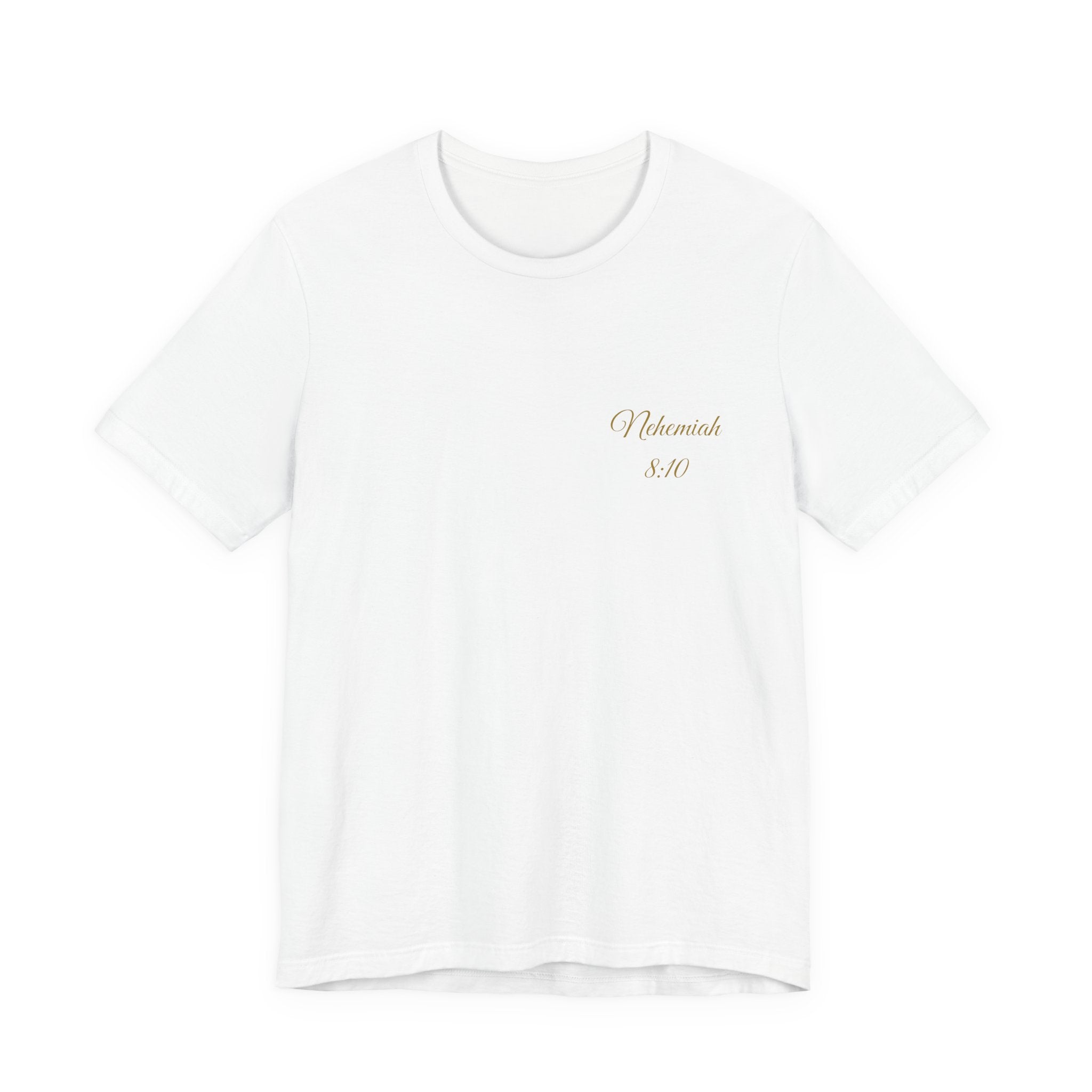 White t-shirt with gold text on a white background