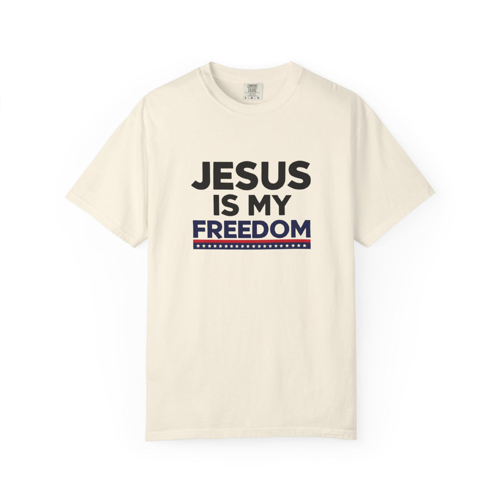 Beige t-shirt with 'Jesus is my freedom' text on a white background