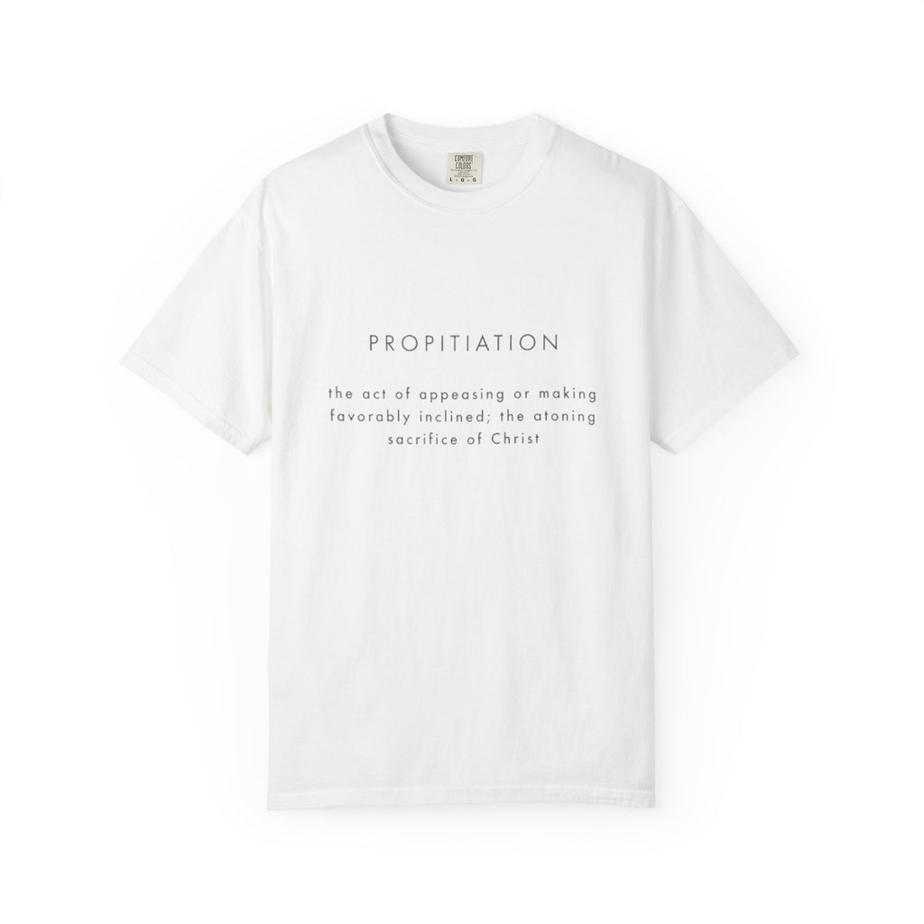 Propitiation Garment-Dyed T-Shirt in White — front view showing Propitiation theology wordmark, 6.1 oz 100% ring-spun cotton garment-dyed Christian tee by 4HG
