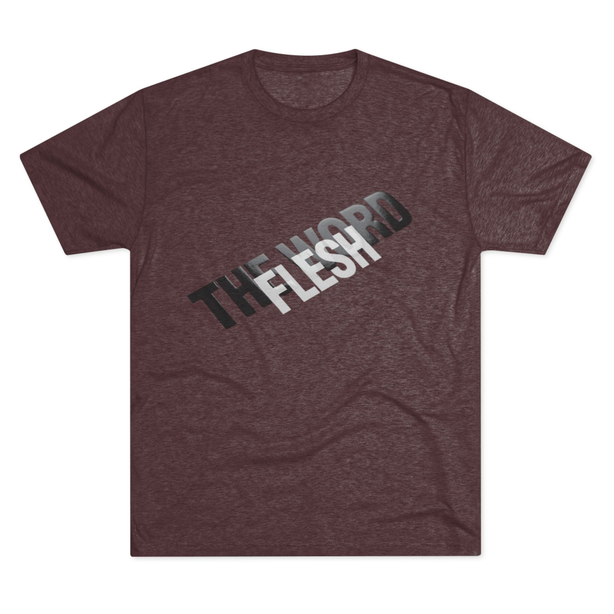 The Word Became Flesh Tee in Tri-Blend Cardinal Black — front view showing John 1:14 Incarnation scripture graphic, Christian tri-blend tee by 4HG