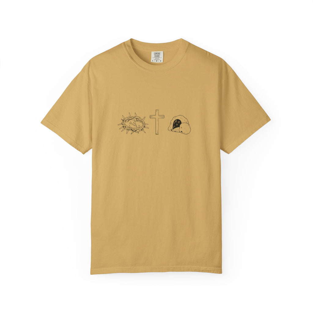 Beige t-shirt with a graphic design on a white background