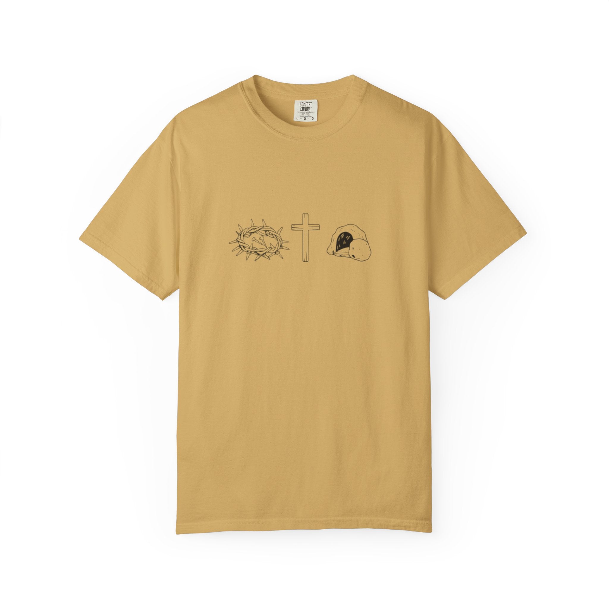 Beige t-shirt with a graphic design on a white background