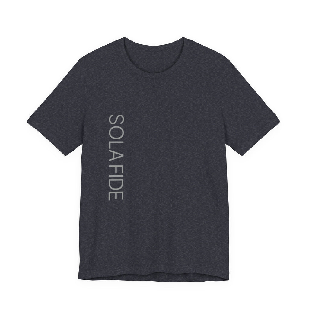 Sola Fide Vertical Logo Tee in Heather Navy — front view showing Faith Alone Reformation graphic, Ephesians 2:8-9 Christian tee by 4HG