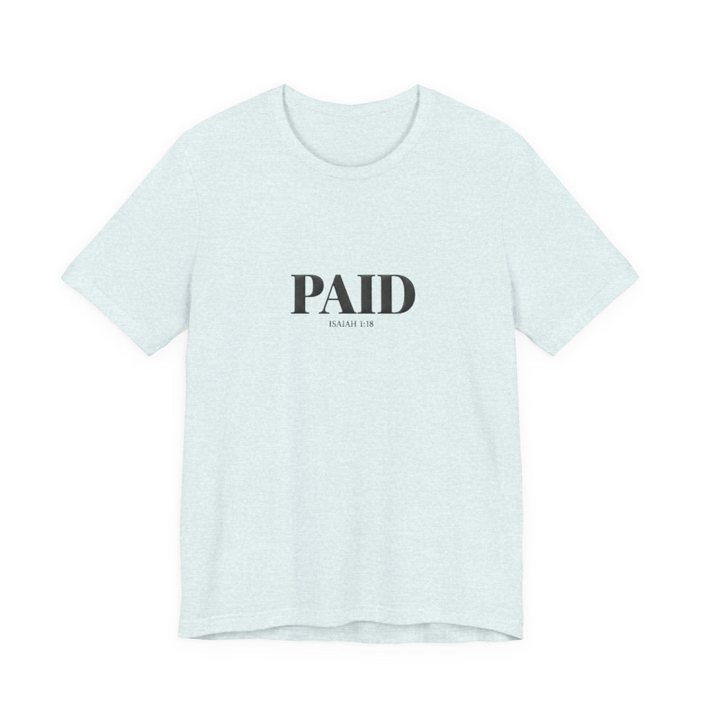 Light blue t-shirt with 'PAID' text on a white background