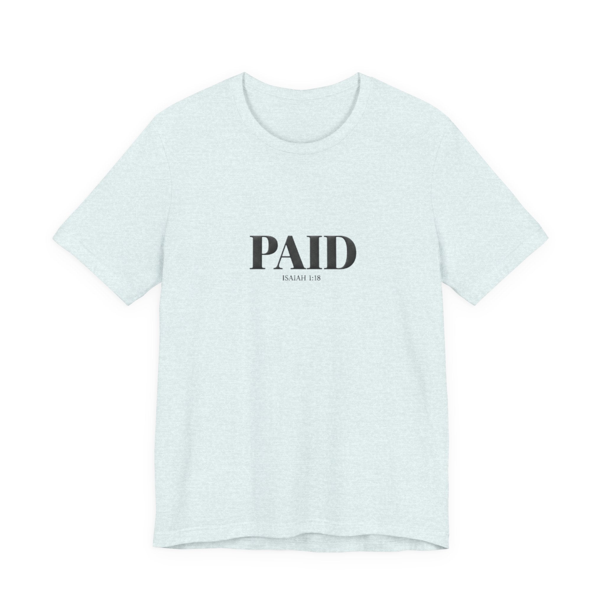 Light blue t-shirt with 'PAID' text on a white background