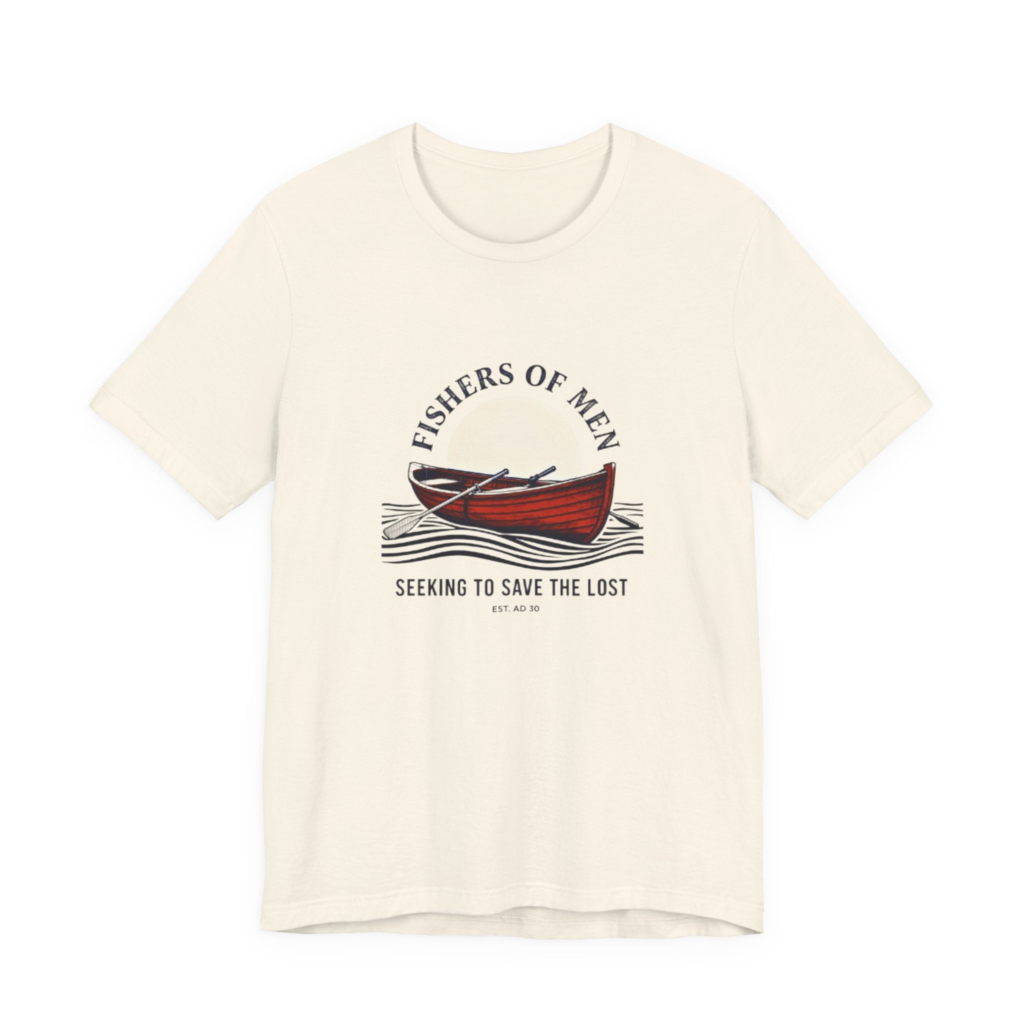 Beige t-shirt with a graphic of a red canoe and text on a white background