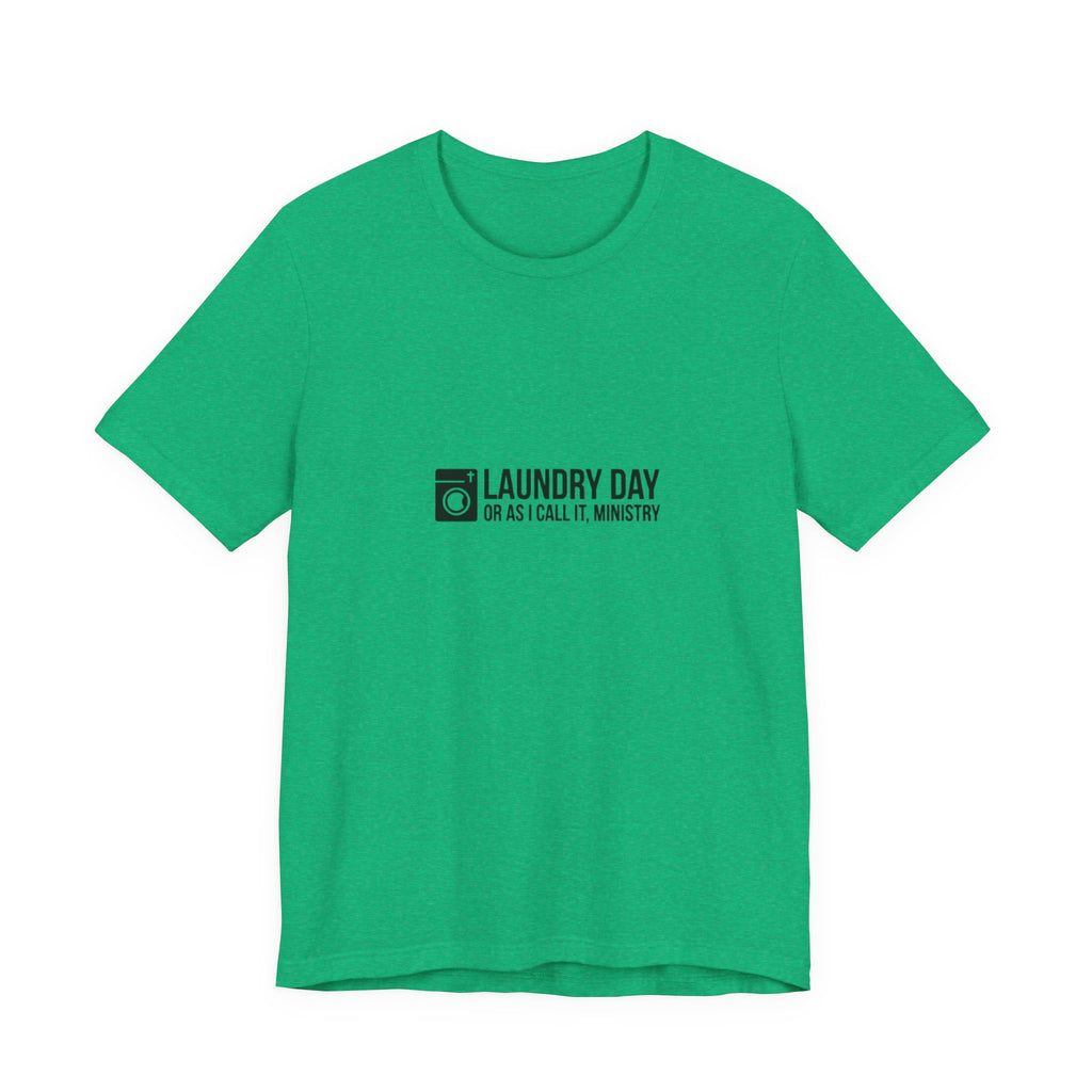 Green t-shirt with black text on a white background