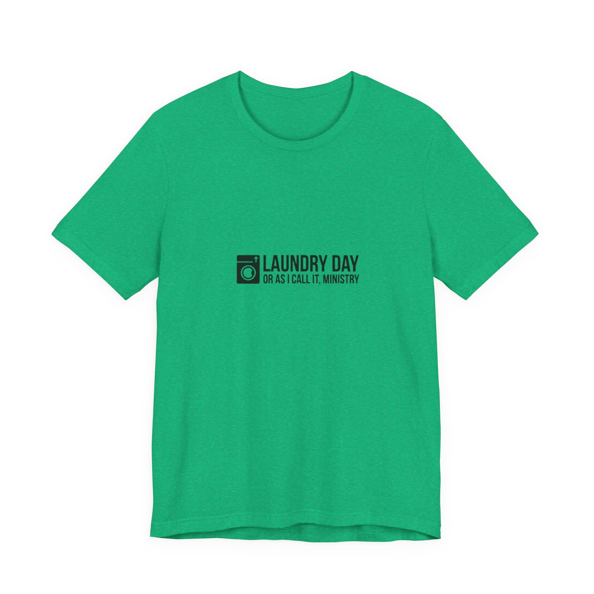Green t-shirt with black text on a white background