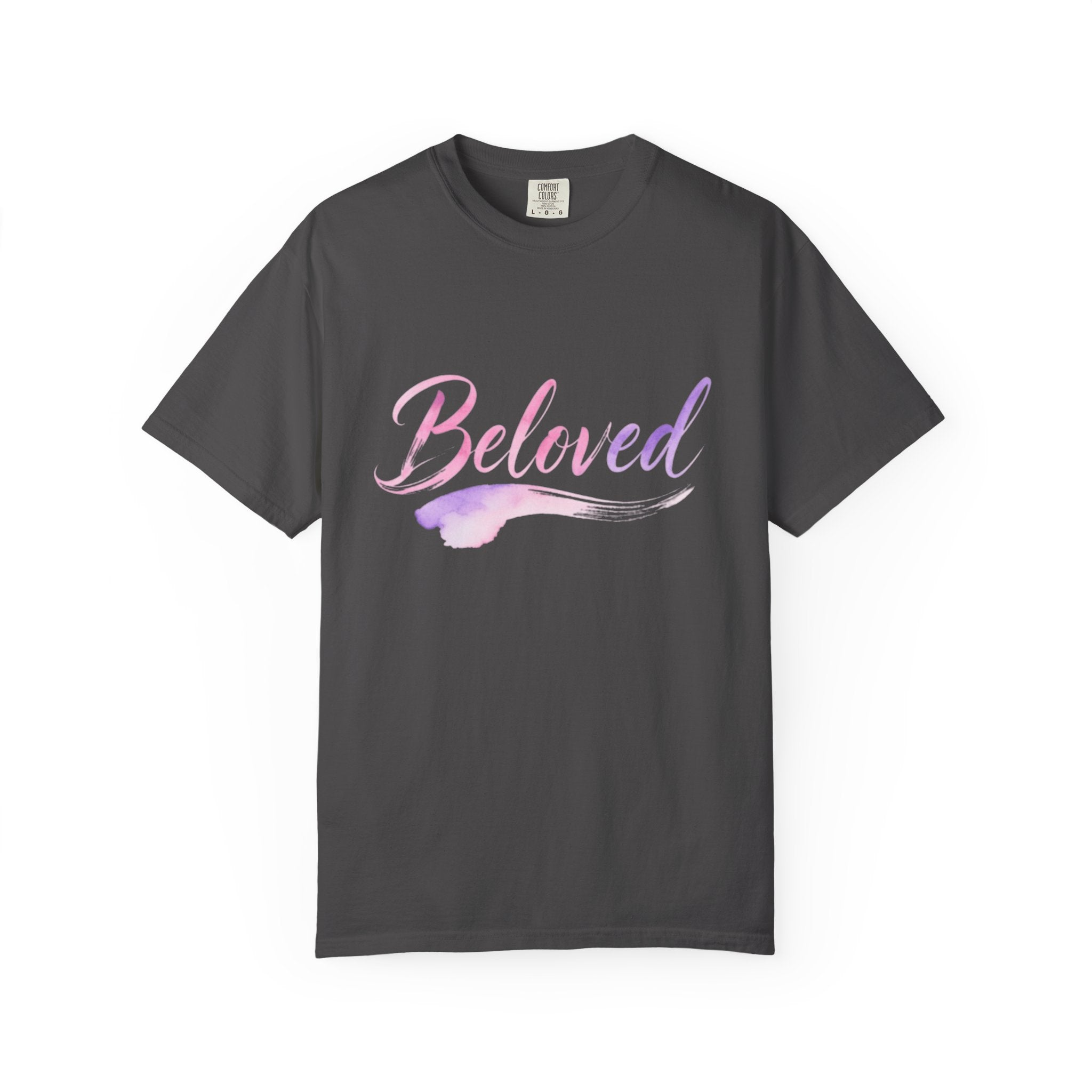 Black t-shirt with 'Beloved' text in pink and white on a white background