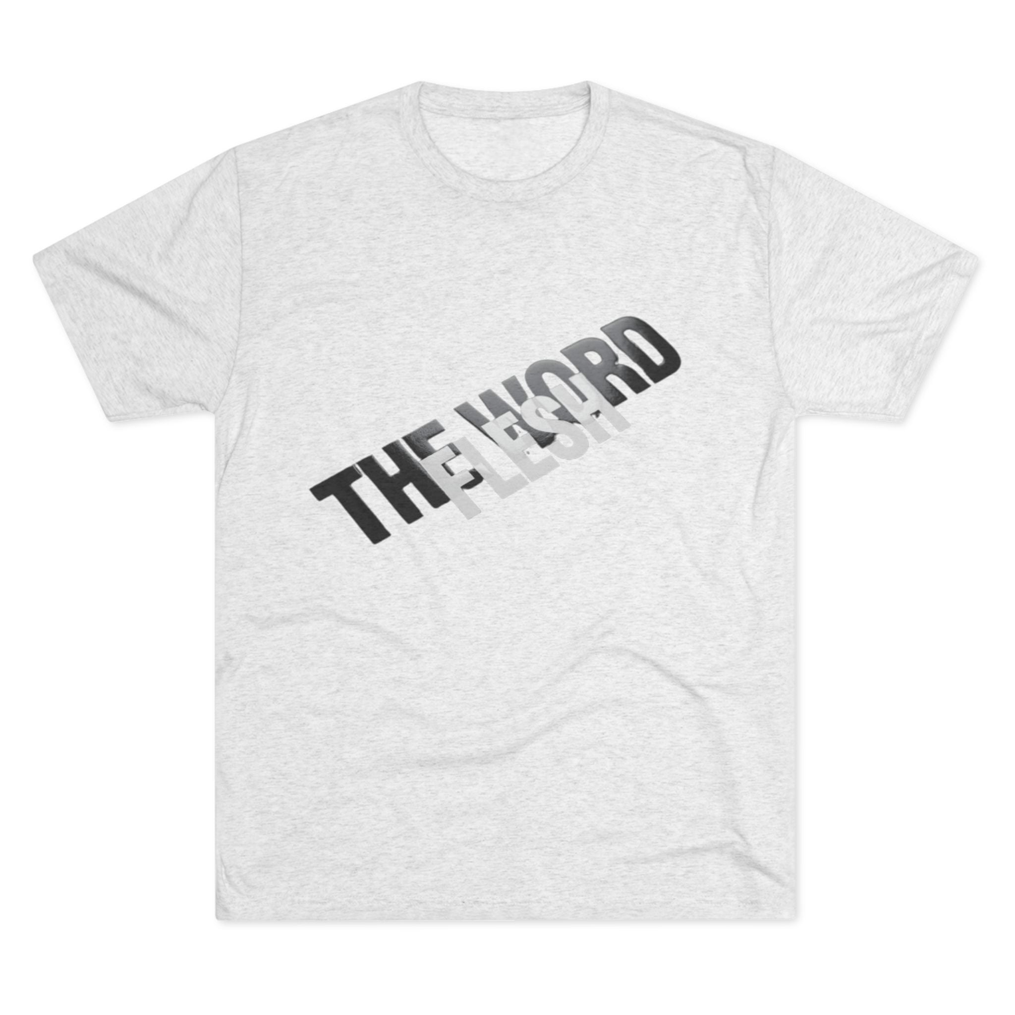 The Word Became Flesh Tee in Tri-Blend Heather White — front view showing John 1:14 Incarnation scripture graphic, Christian tri-blend tee by 4HG