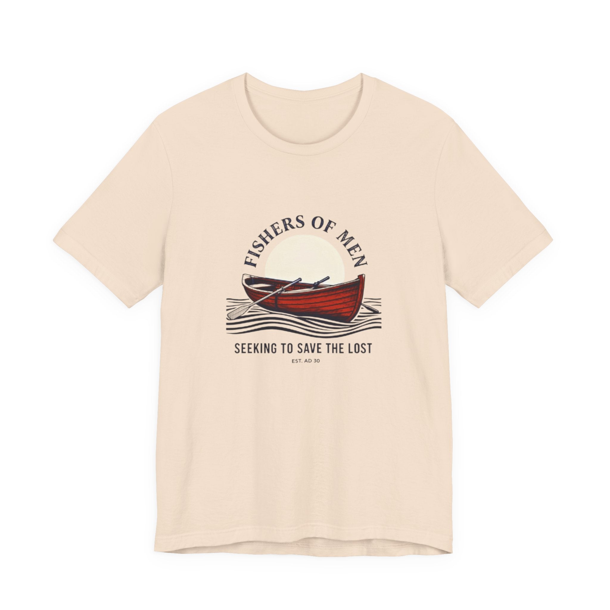 Beige t-shirt with a graphic of a red canoe and text on a white background