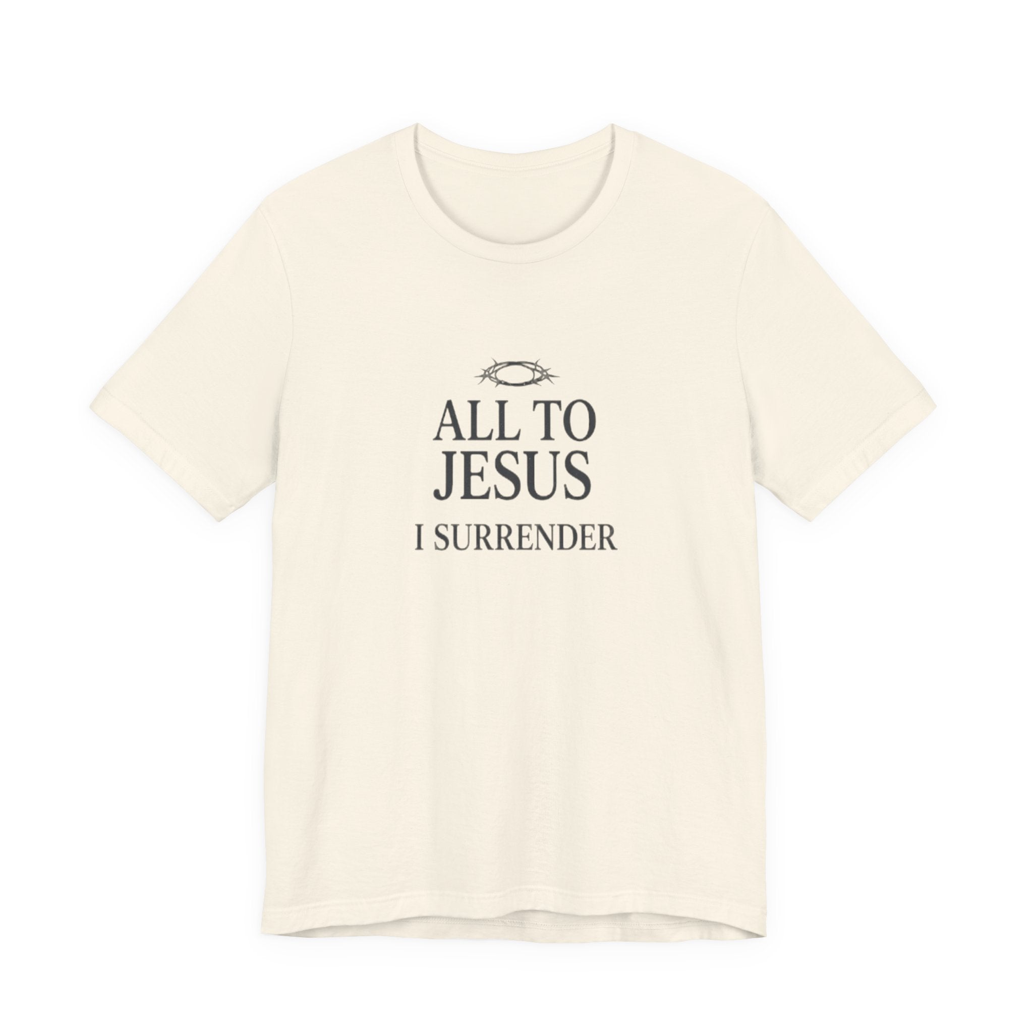 Beige t-shirt with 'All to Jesus I Surrender' text on a white background