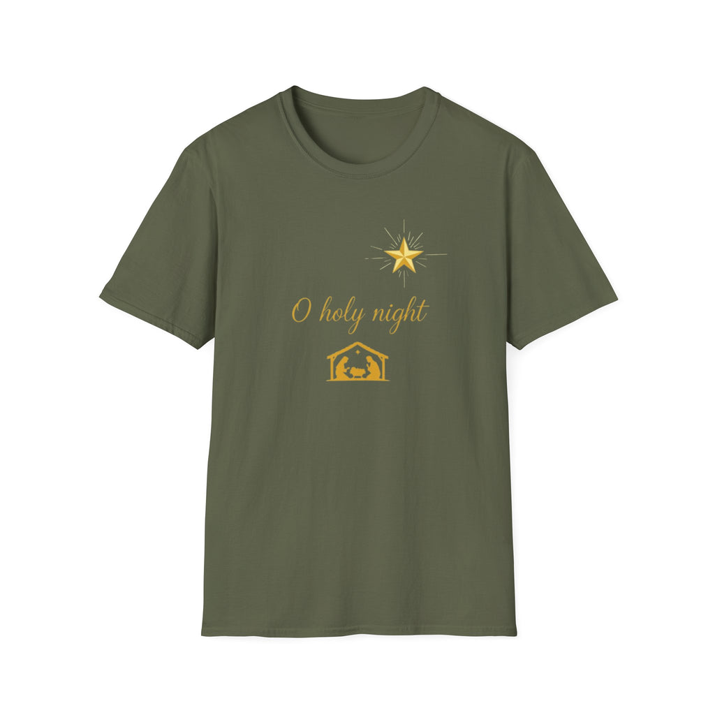Green t-shirt with 'O holy night' and nativity scene design on a white background