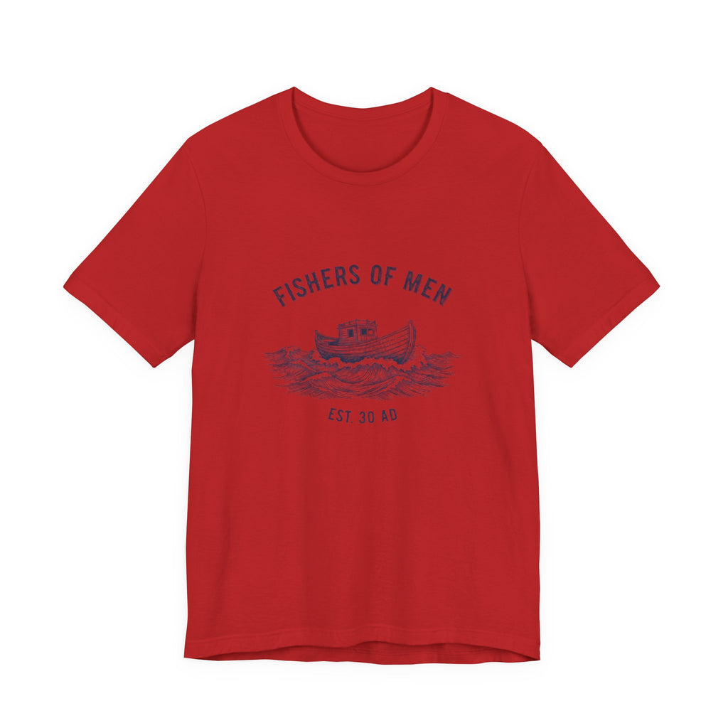 Red t-shirt with 'Fishers of Men' graphic on a white background
