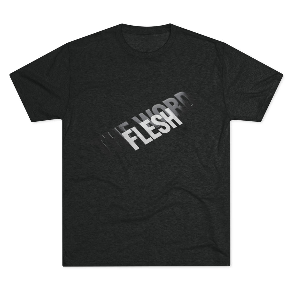 The Word Became Flesh Tee in Tri-Blend Vintage Black — front view showing John 1:14 Incarnation scripture graphic, Christian tri-blend tee by 4HG