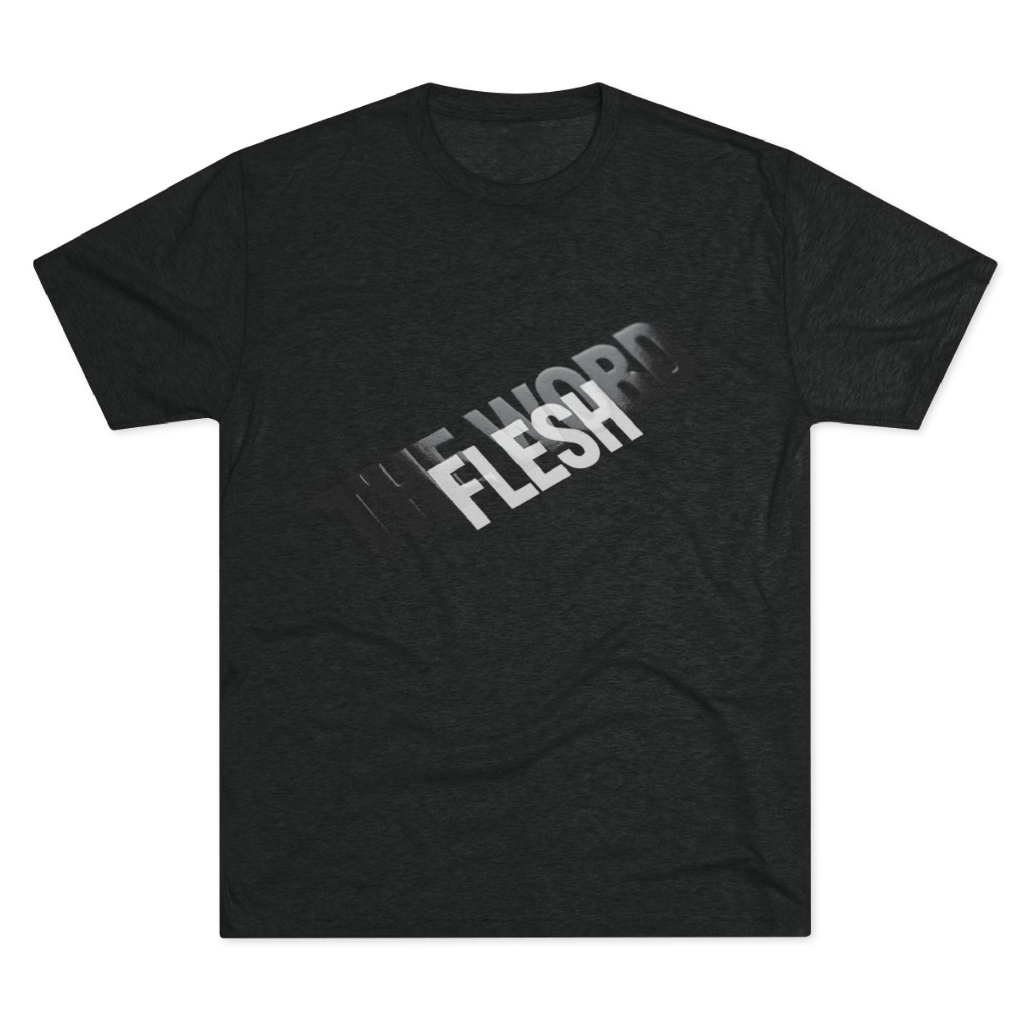 The Word Became Flesh Tee in Tri-Blend Vintage Black — front view showing John 1:14 Incarnation scripture graphic, Christian tri-blend tee by 4HG