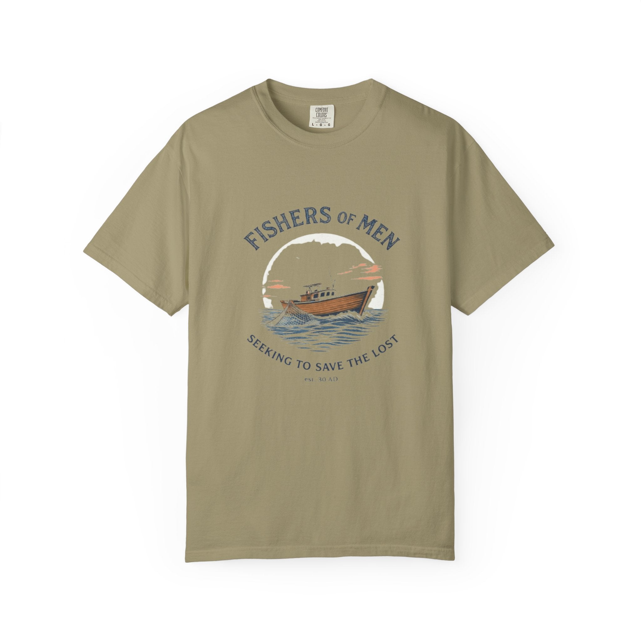 Beige t-shirt with 'Fishers of Men' graphic design on a white background