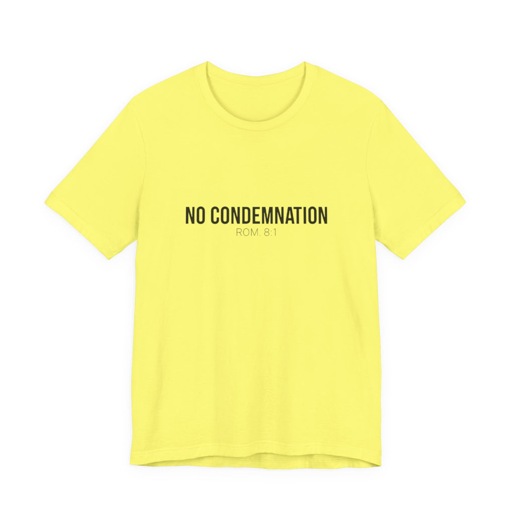 Yellow t-shirt with 'NO CONDEMNATION' text on a white background