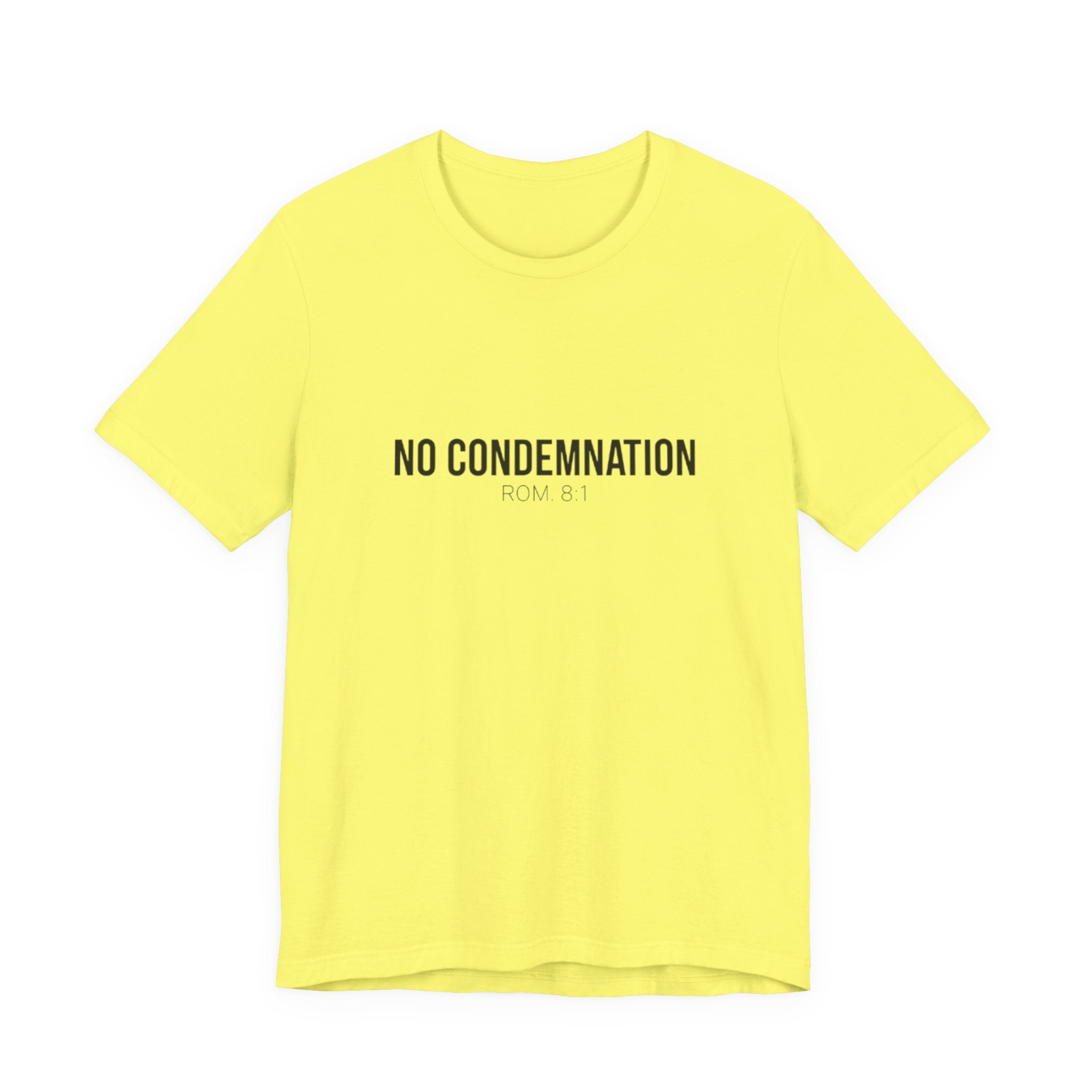 Yellow t-shirt with 'NO CONDEMNATION' text on a white background