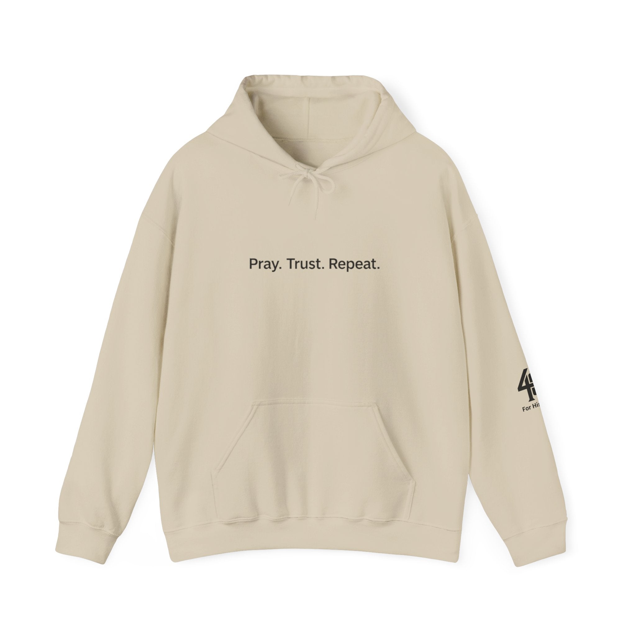 Beige hoodie with text and logo on a white background