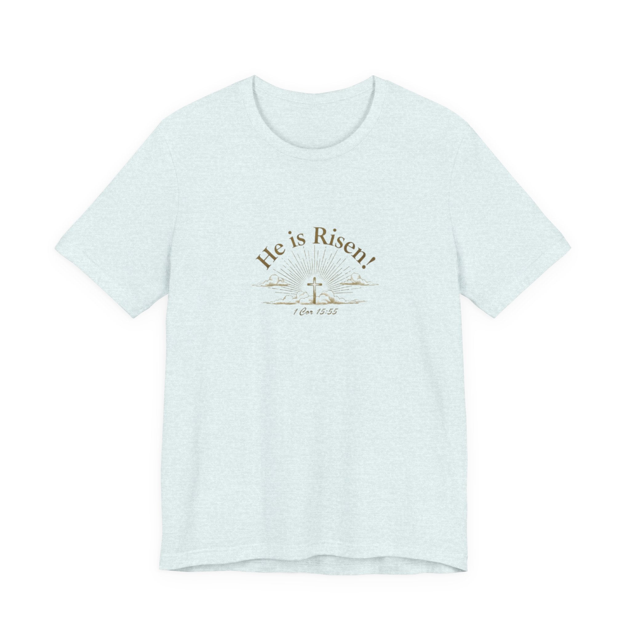 Light blue t-shirt with 'He is Risen!' text and cross design on a white background