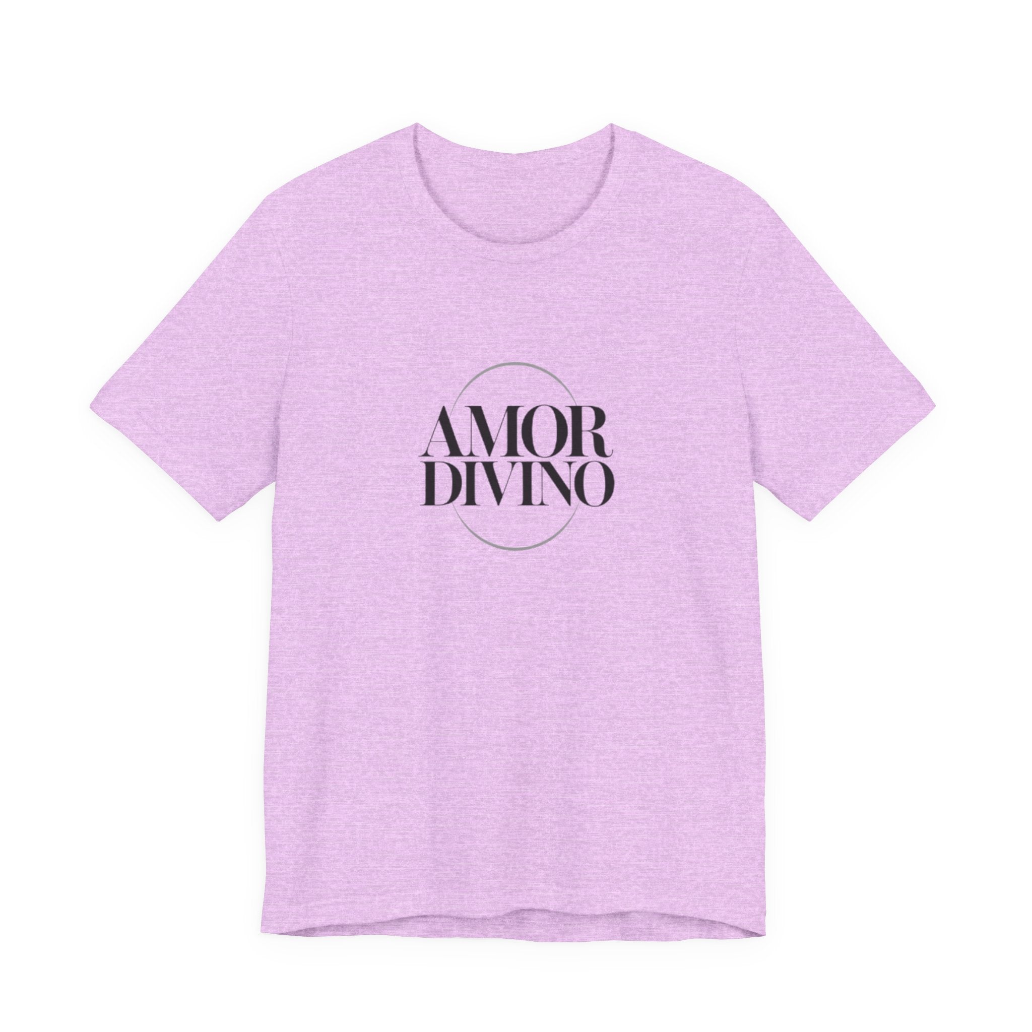 Purple t-shirt with 'AMOR DIVINO' text on a white background