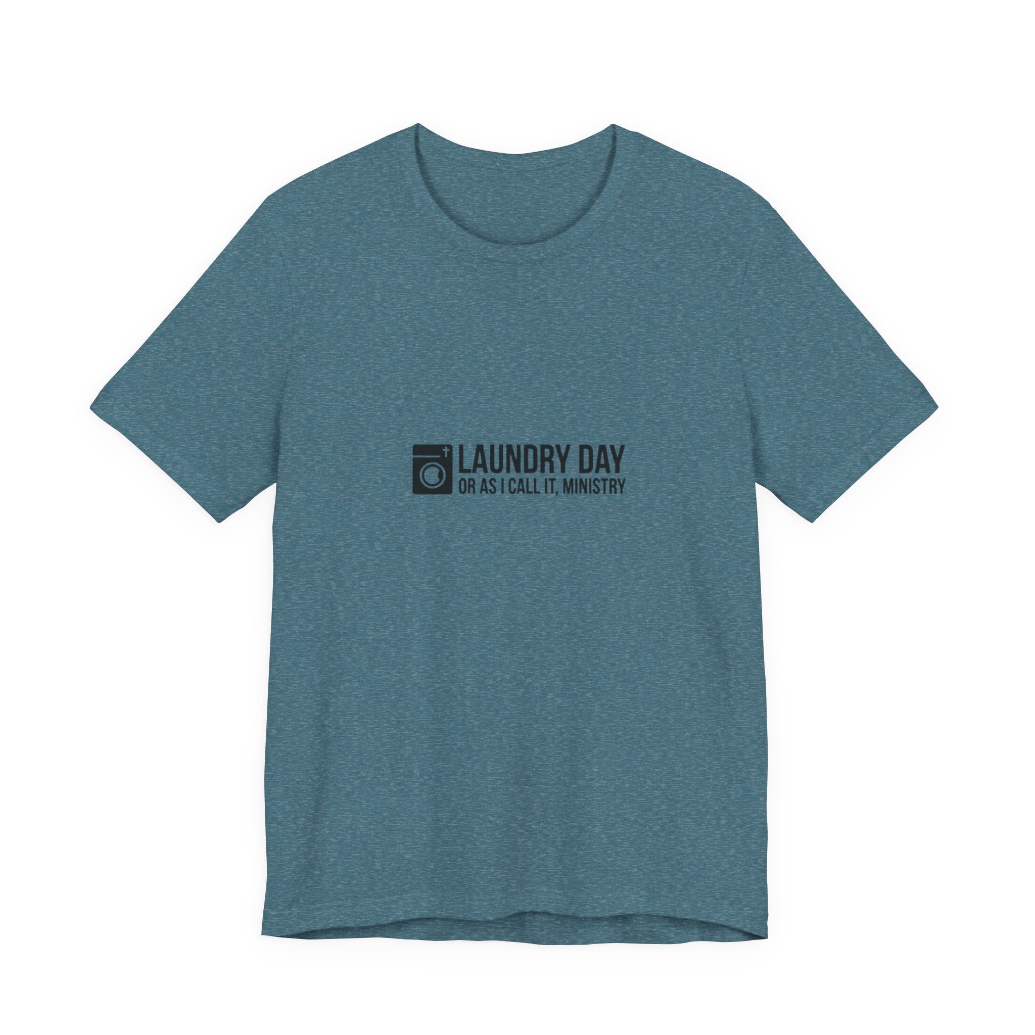 Blue t-shirt with black text on a white background