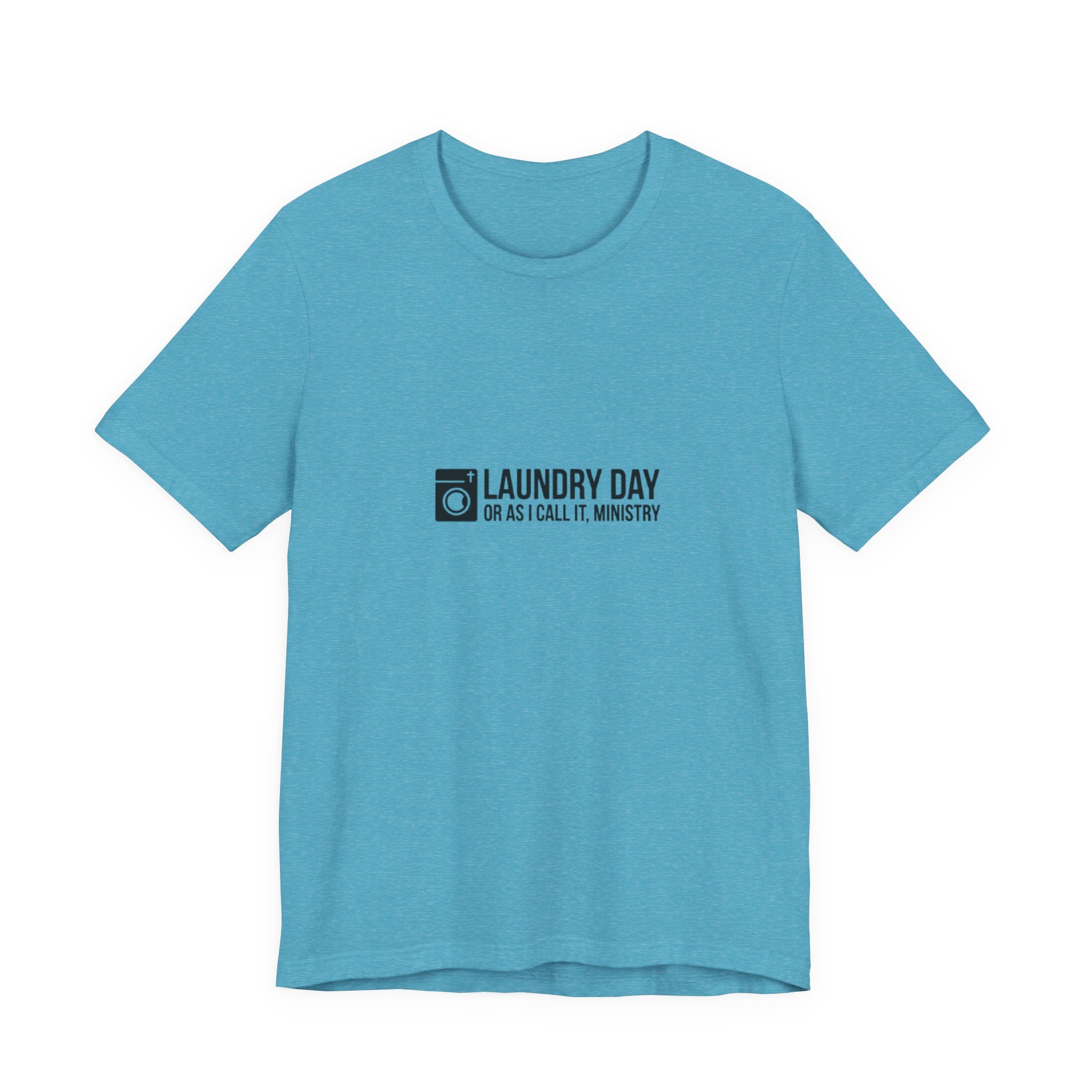 Blue t-shirt with black text and logo on a white background