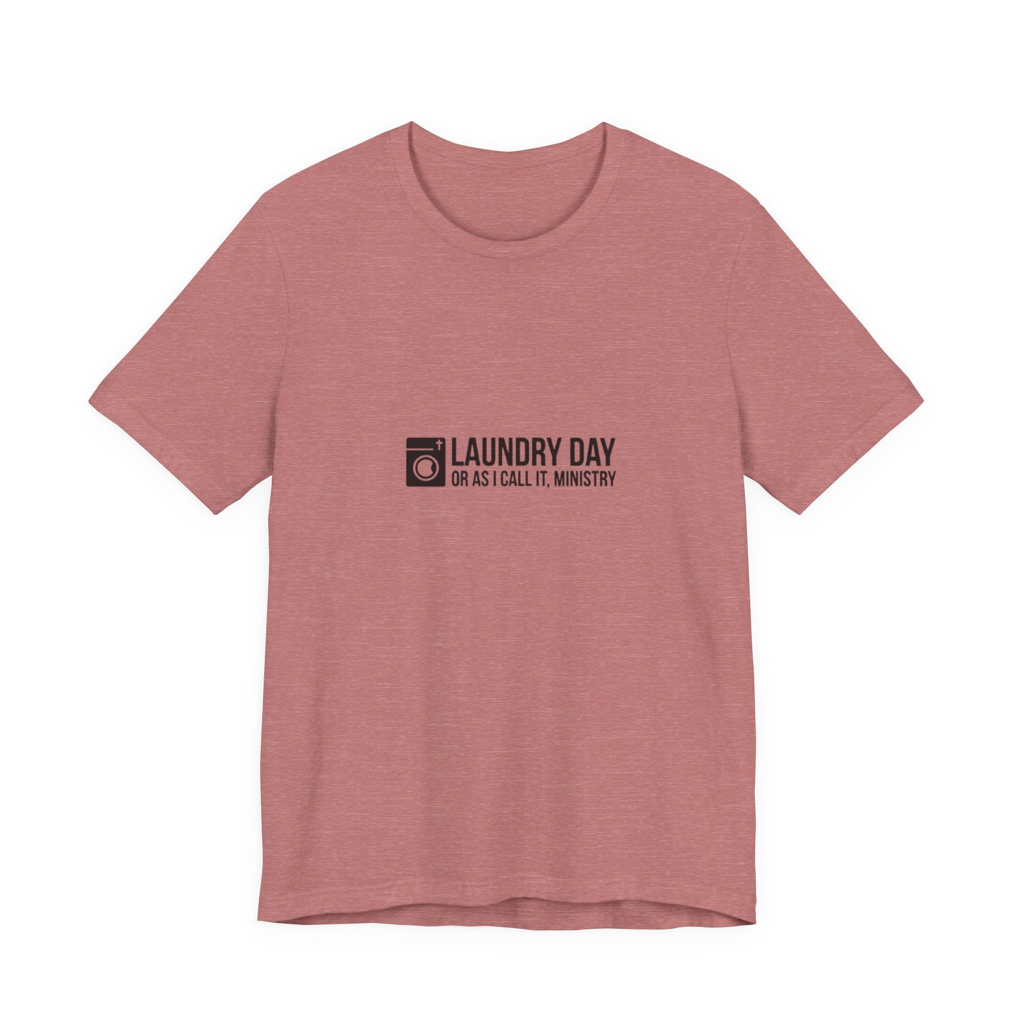 Pink t-shirt with black text on a white background
