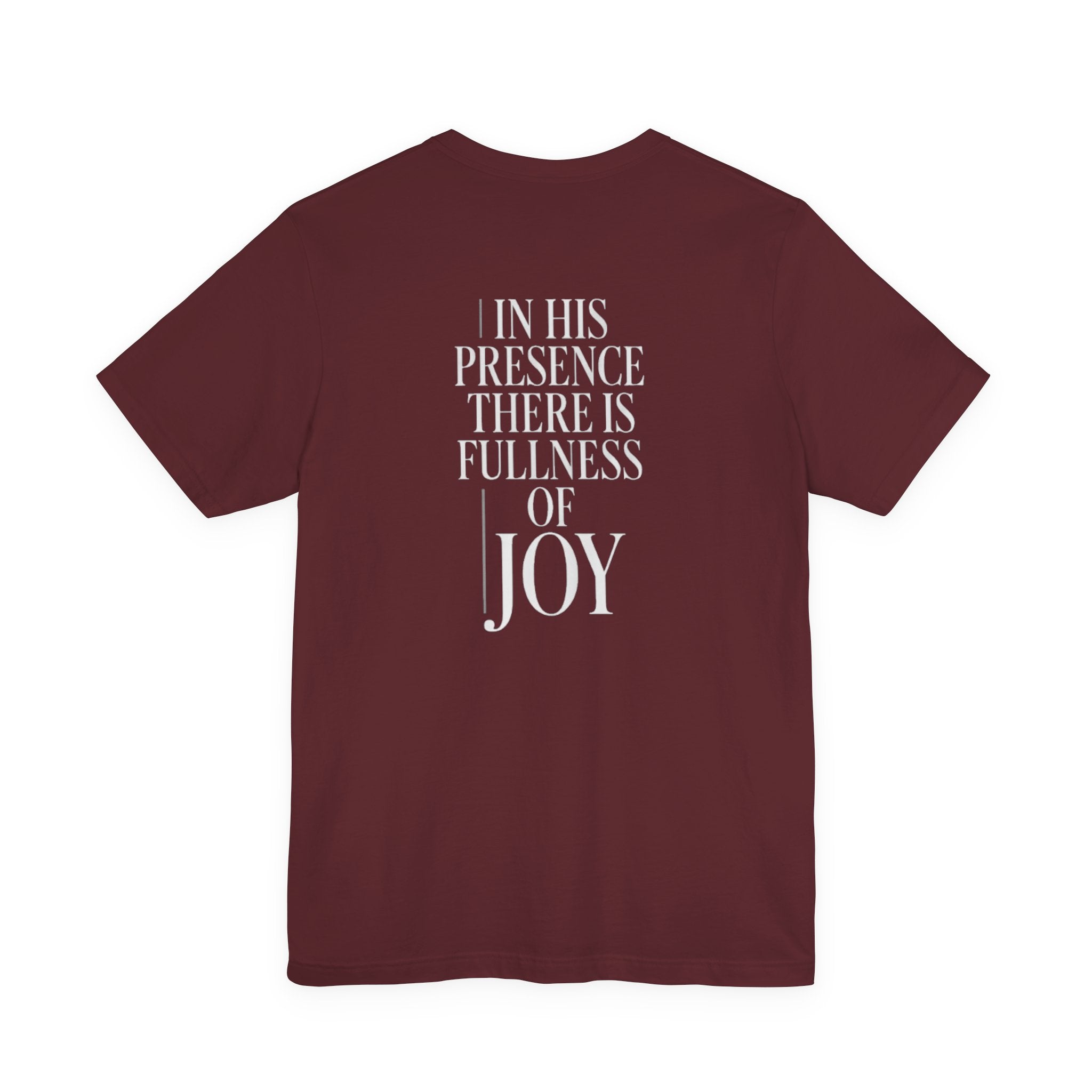 Maroon t-shirt with white text on the back on a white background