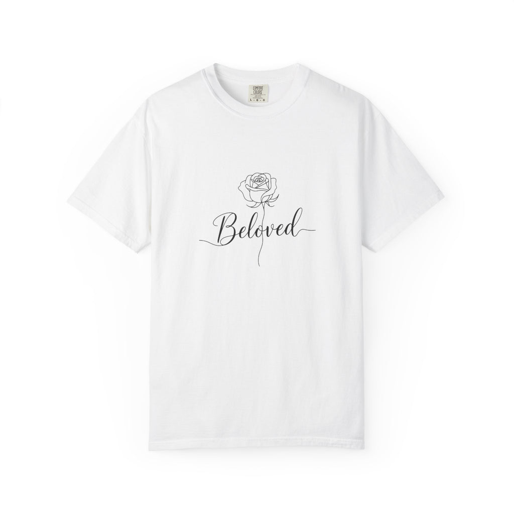 White t-shirt with a rose and 'Beloved' text design on a white background