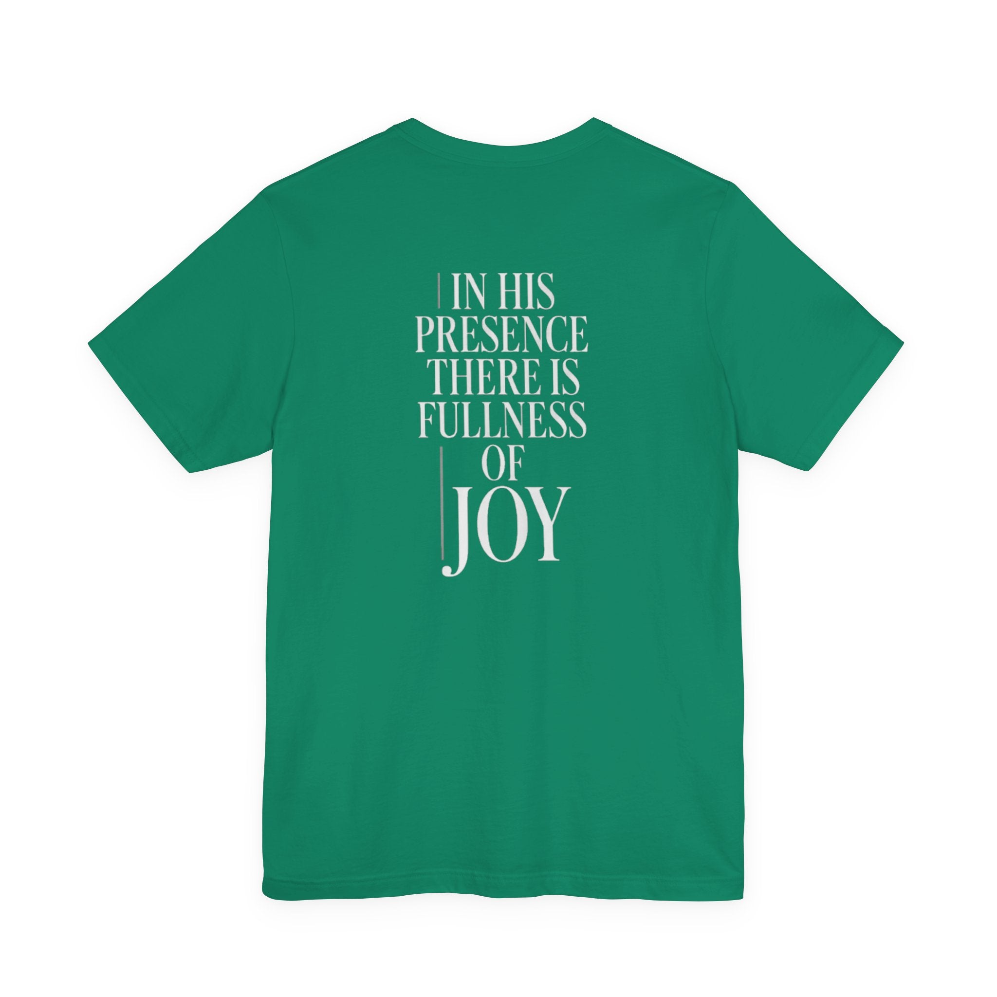 Green t-shirt with motivational quote on the back against a white background
