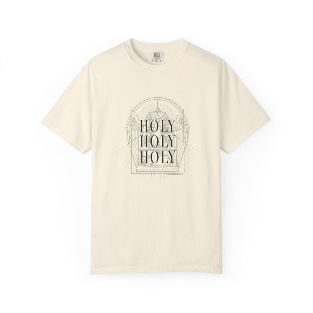 Holy Holy Holy Gothic Stained-Glass Faith Tee in Ivory — front view showing Isaiah 6:3 gothic stained-glass design, Christian tee by 4HG