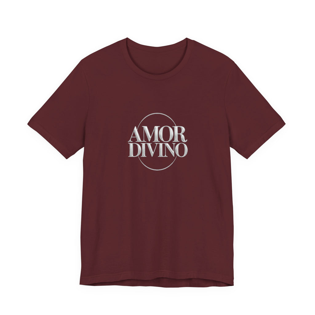 Maroon t-shirt with 'AMOR DIVINO' text on a white background