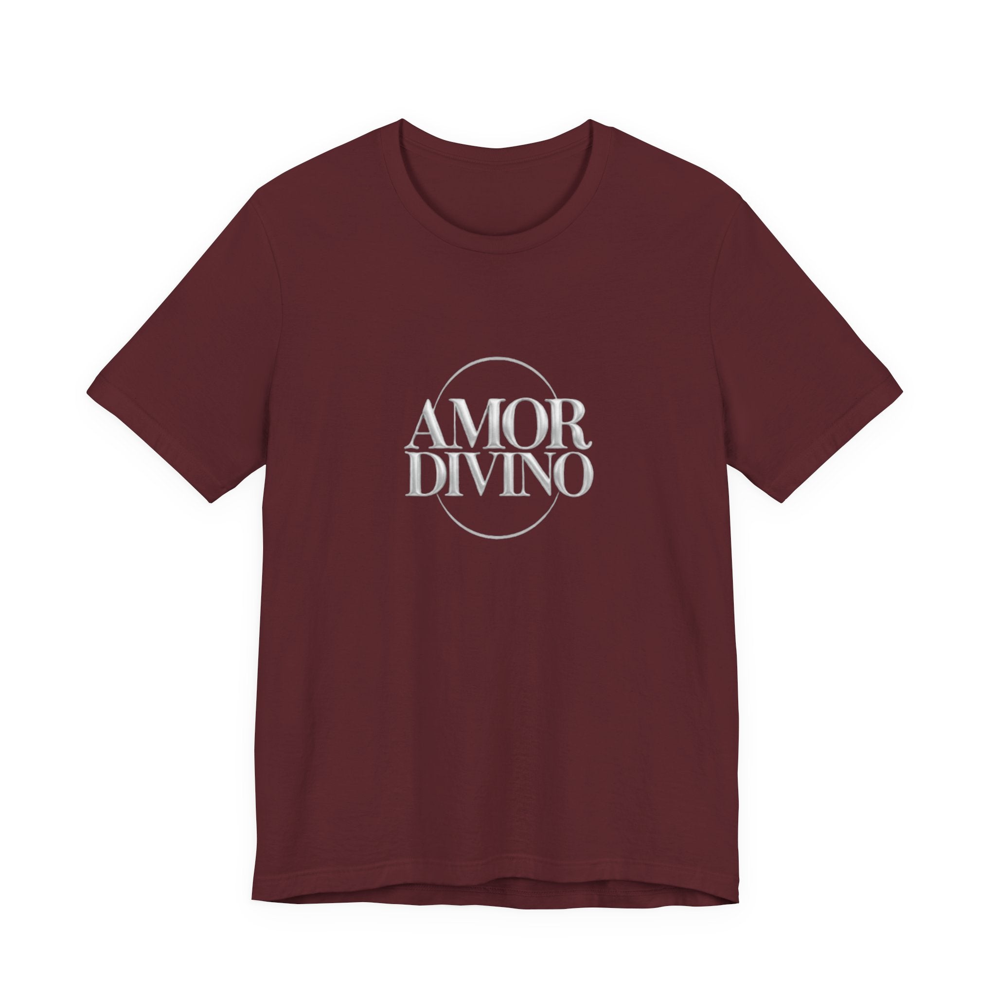 Maroon t-shirt with 'AMOR DIVINO' text on a white background