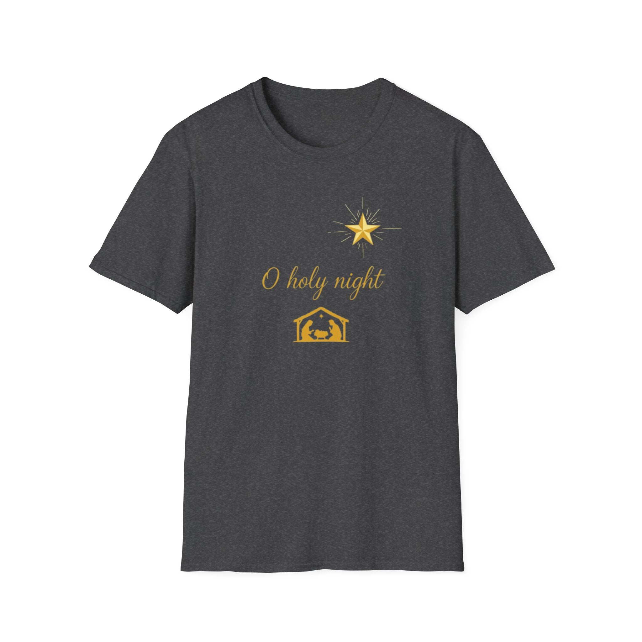 Dark gray t-shirt with 'O holy night' text and nativity scene design on a white background