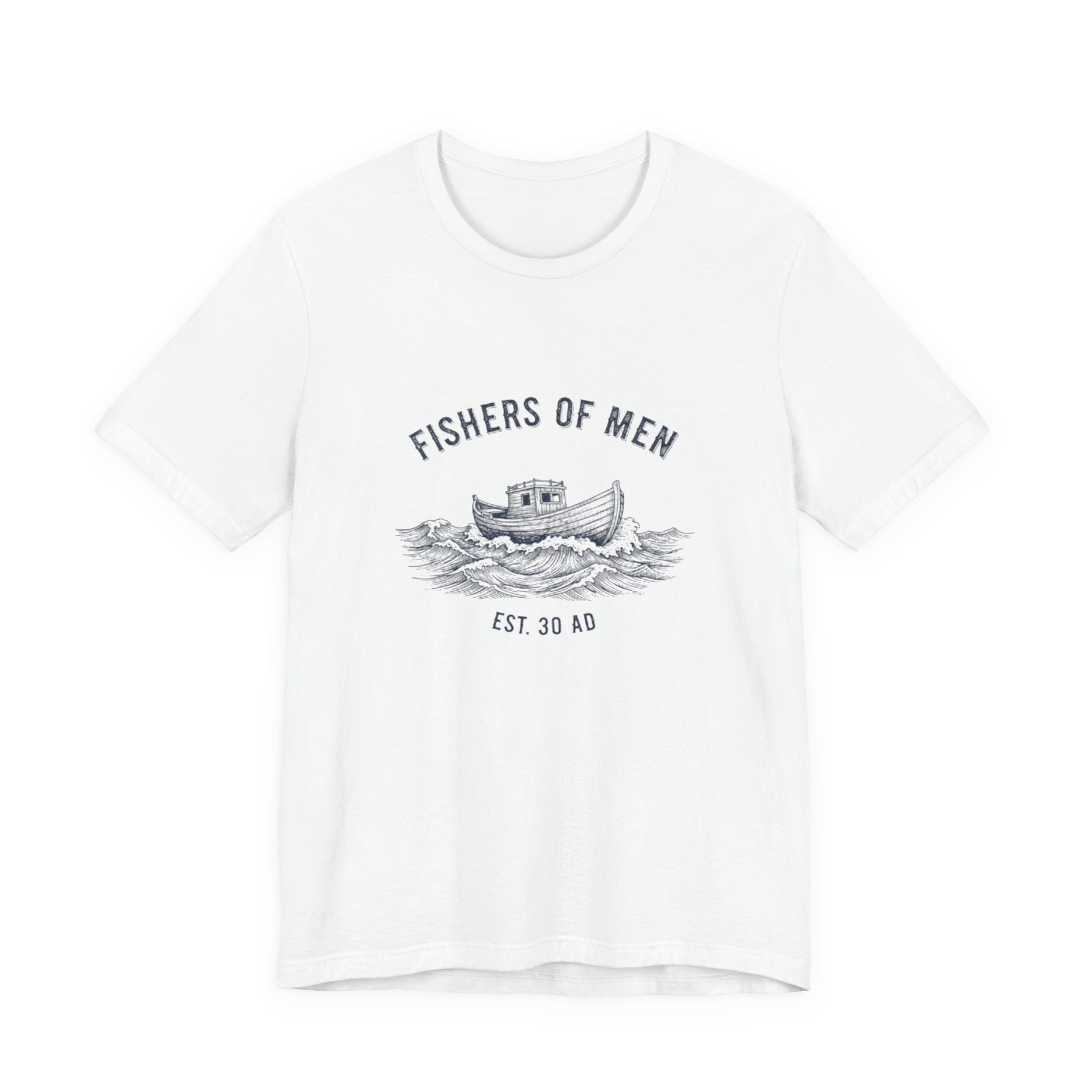 White t-shirt with black graphic design of a boat and text on a white background