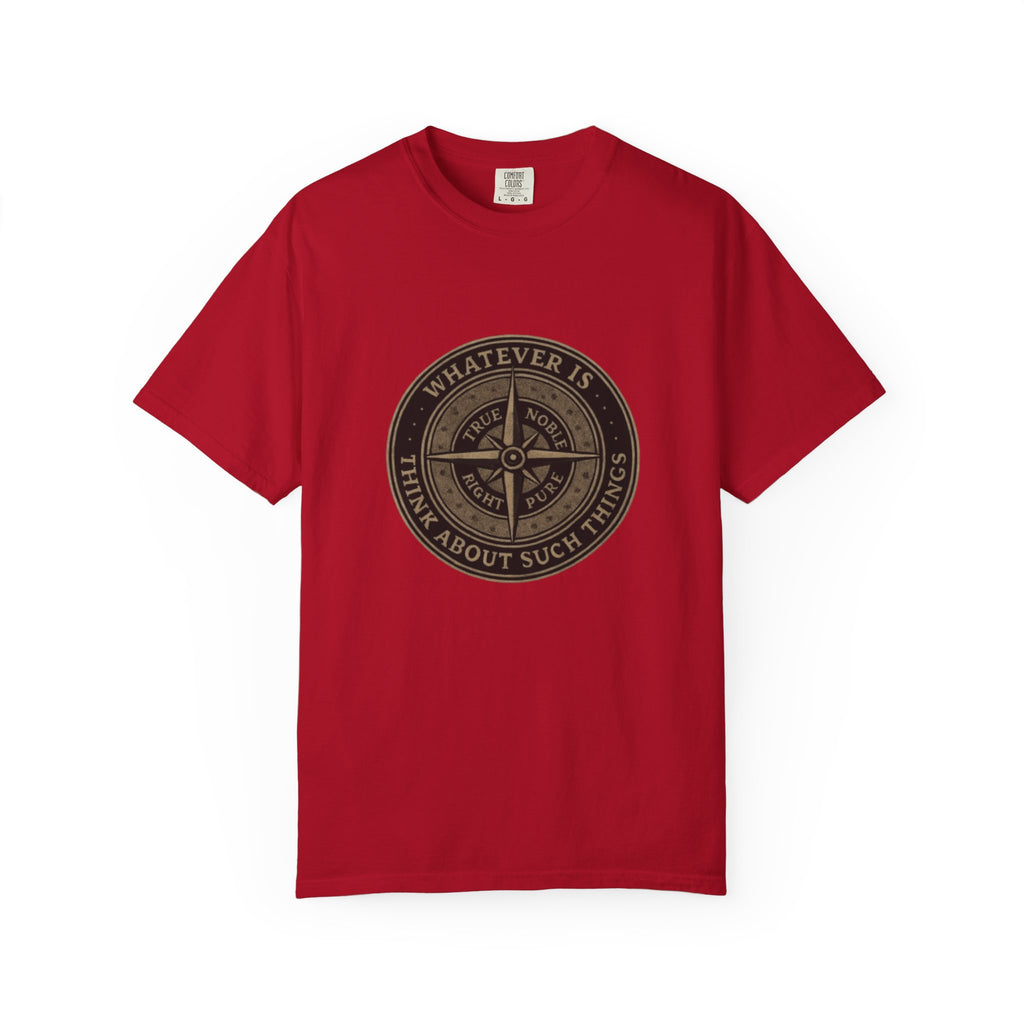 Red t-shirt with a brown graphic design on a white background