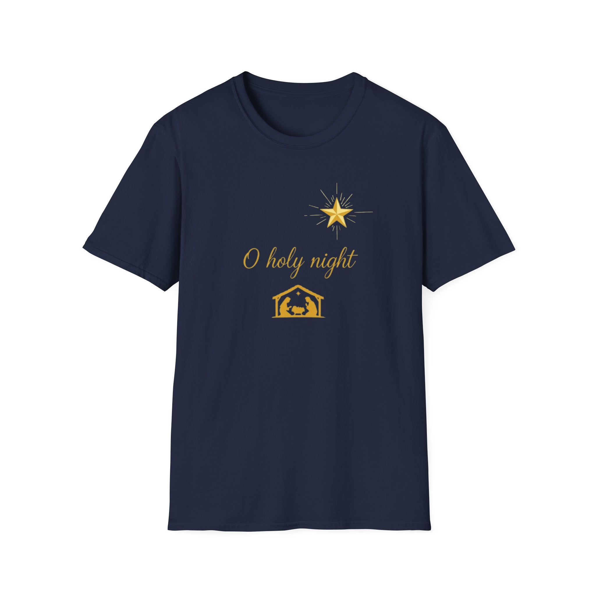 Navy blue t-shirt with gold 'O holy night' text and nativity scene design on a white background