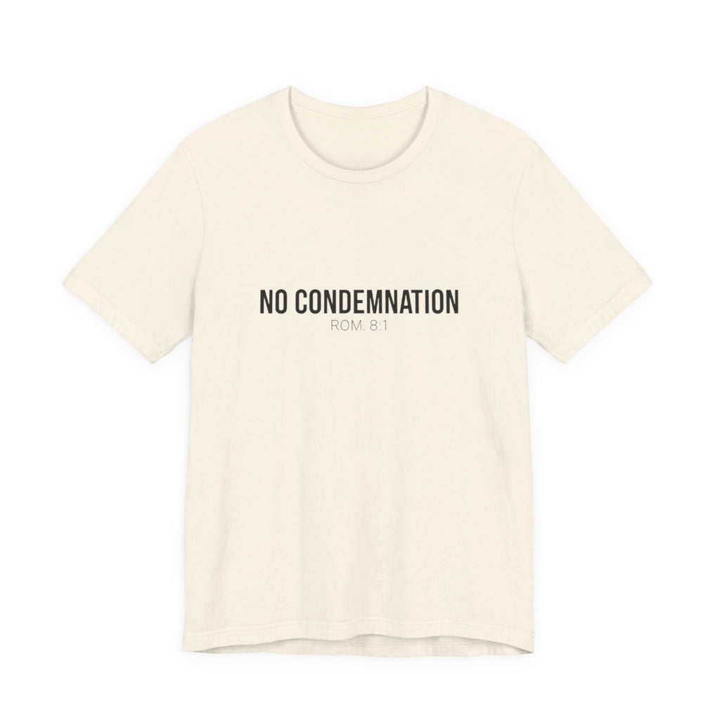 Beige t-shirt with 'NO CONDEMNATION ROM. 8:1' text on a white background