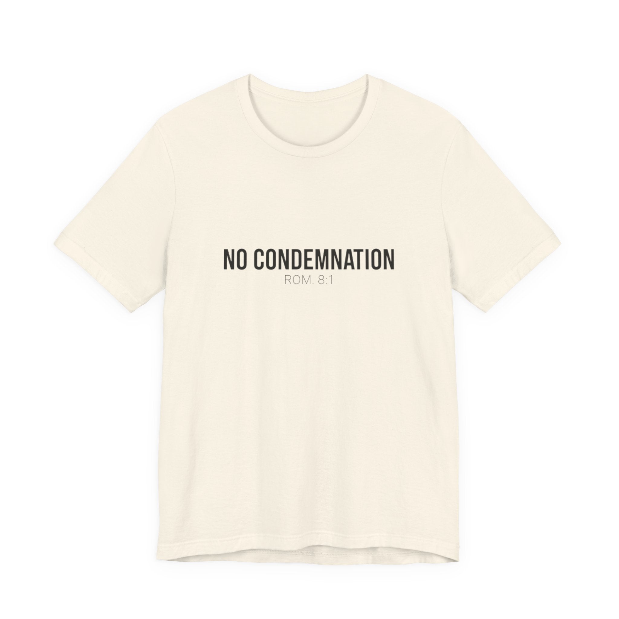 Beige t-shirt with 'NO CONDEMNATION ROM. 8:1' text on a white background