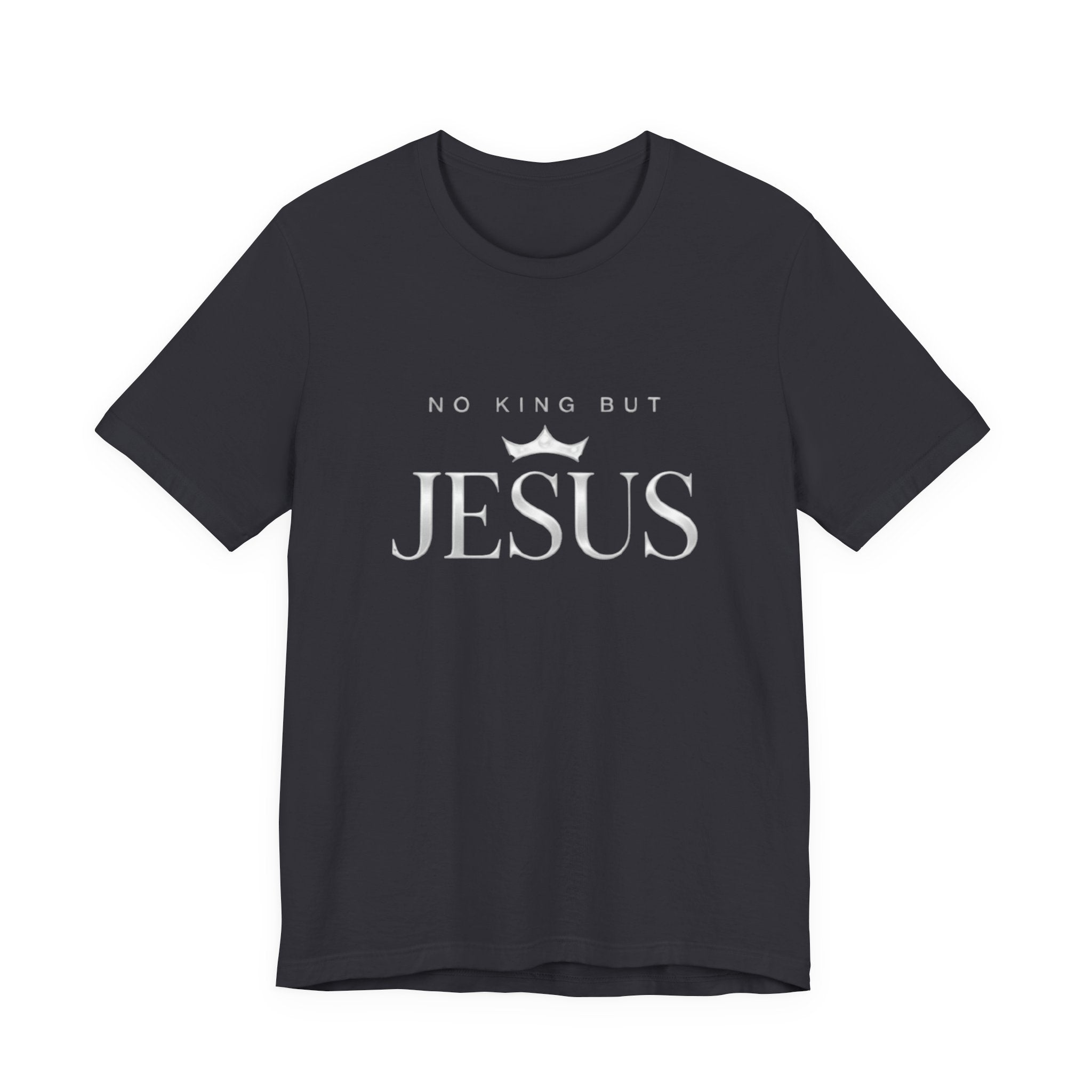 Black t-shirt with 'No King But Jesus' text on a white background