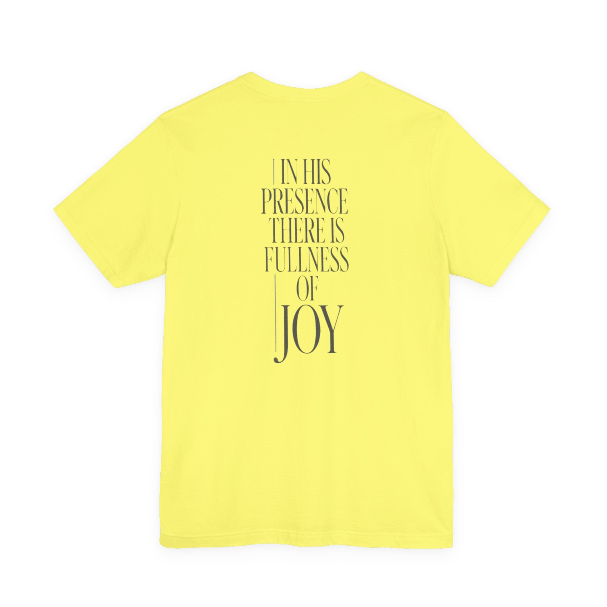 Yellow t-shirt with text on the back on a white background