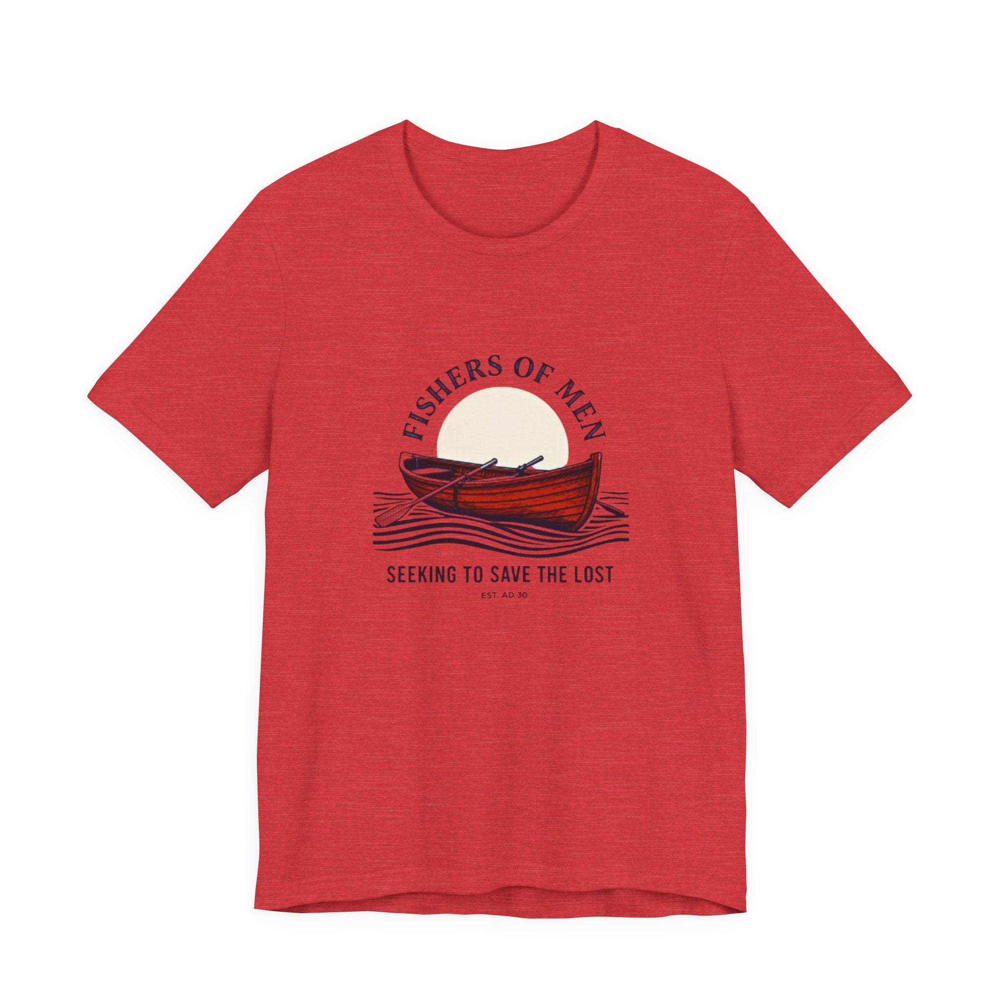 Red t-shirt with a graphic design of a boat and text on a white background