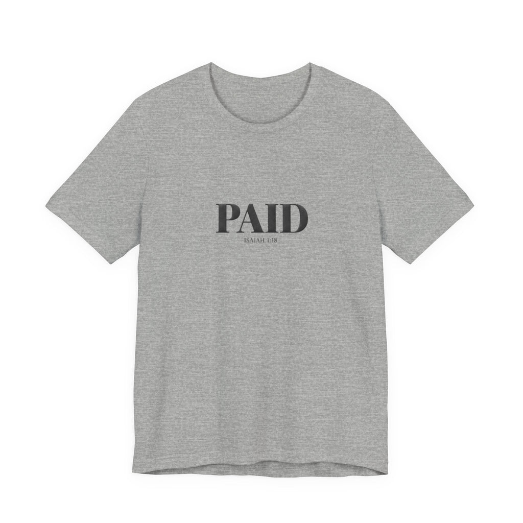 Gray t-shirt with 'PAID' text on a white background