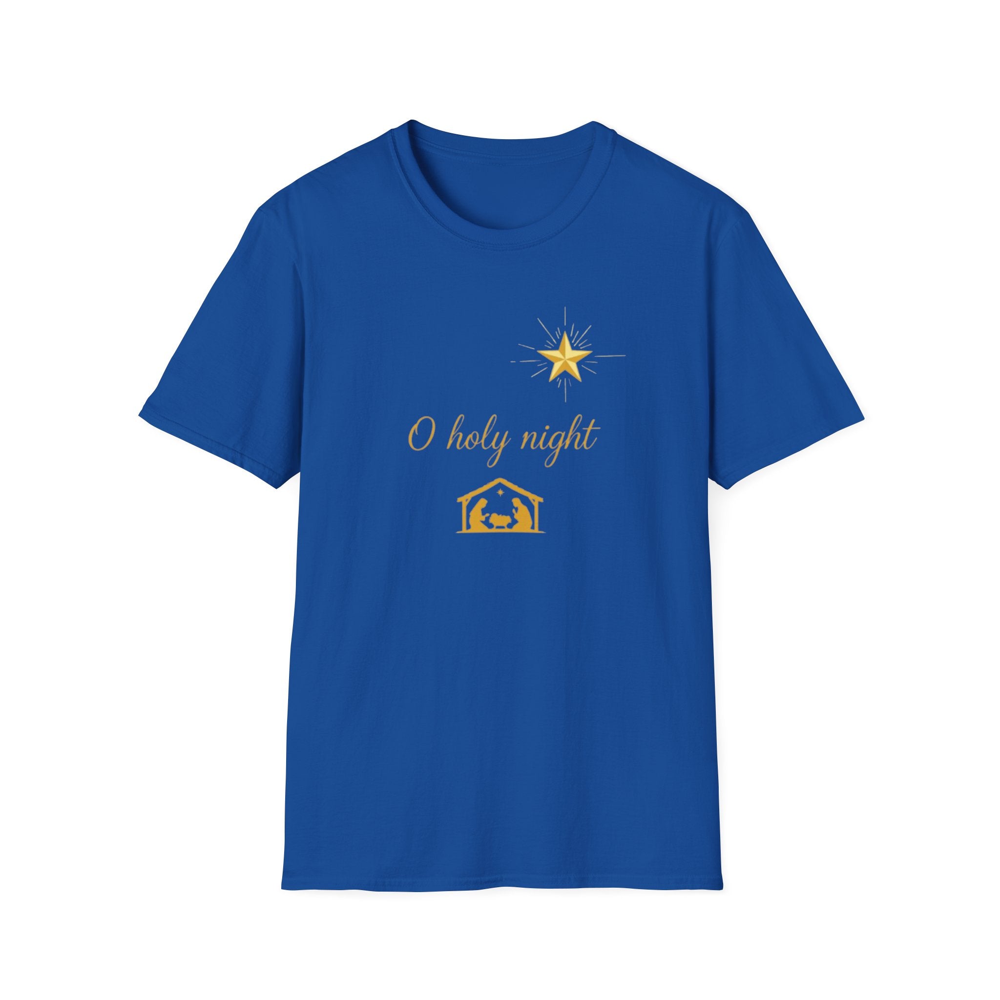 Blue t-shirt with 'O holy night' text and nativity scene design on a white background
