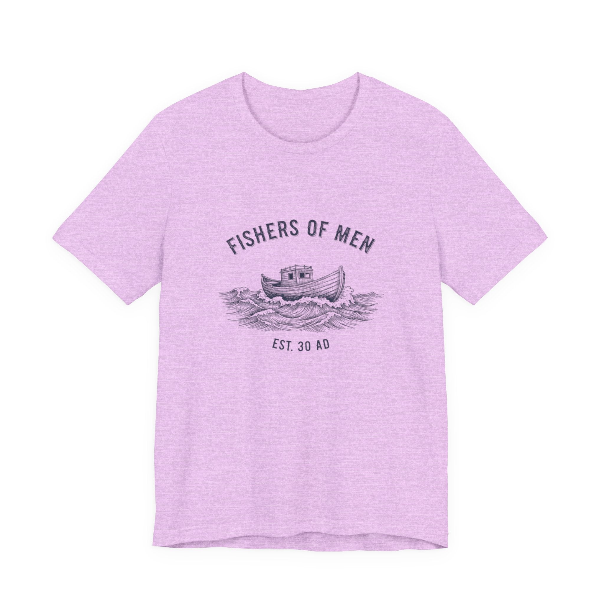 Purple t-shirt with 'Fishers of Men' graphic on a white background