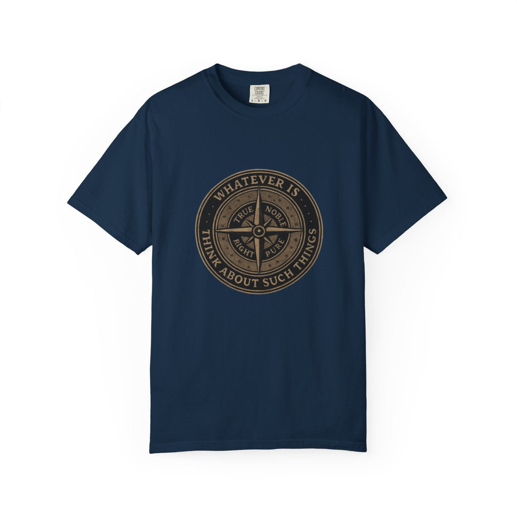 Navy blue t-shirt with a brown compass design and text on a white background